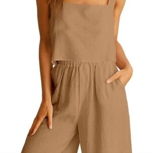 Women's Tan Jumpsuit- Differance .the Top Has Buttoms Down Rhe Front. Color Tan
